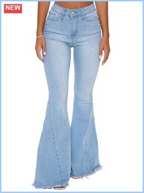 Women's Ripped Bell Bottom Flare Jeans Mid Rise Destroyed Hem Denim Pants